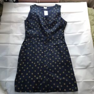 J Crew Navy Linen Button Down Sleeveless V-Neck Dress w/Yellow Flowers, Size 10
